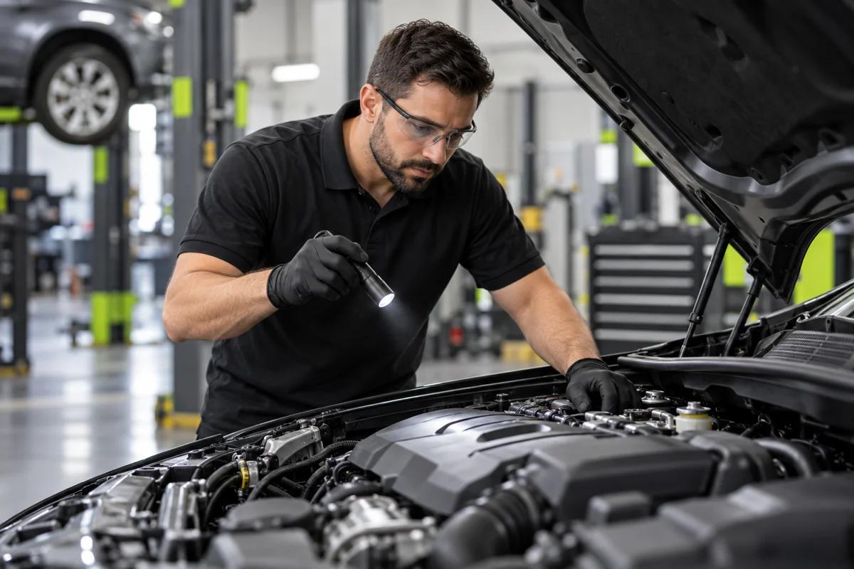 Mecânico realizando inspeção no motor